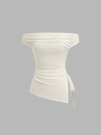Women's Off-Shoulder Asymmetrical Ribbed Top - Elegant Cream Side-Tie Blouse