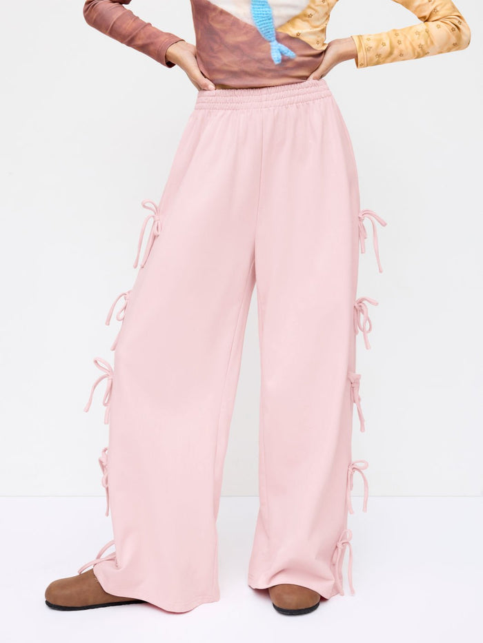 Blush Pink Wide-Leg Pants with Side Bow Tie Detail