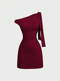 Women's Maroon One Shoulder Bodycon Mini Dress – Ruched Slim Fit Party Dress with Side Tie