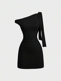 Women's Black One Shoulder Bodycon Mini Dress – Ruched Slim Fit Party Dress with Side Tie