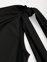 Women's Black One Shoulder Bodycon Mini Dress – Ruched Slim Fit Party Dress with Side Tie