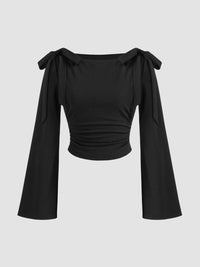 Boat Neck Bowknot Ruched Long Sleeve Top