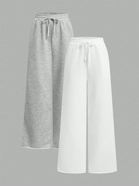 Women's Wide Leg Lounge Pants – High Waist Drawstring Relaxed Fit (Grey & White)