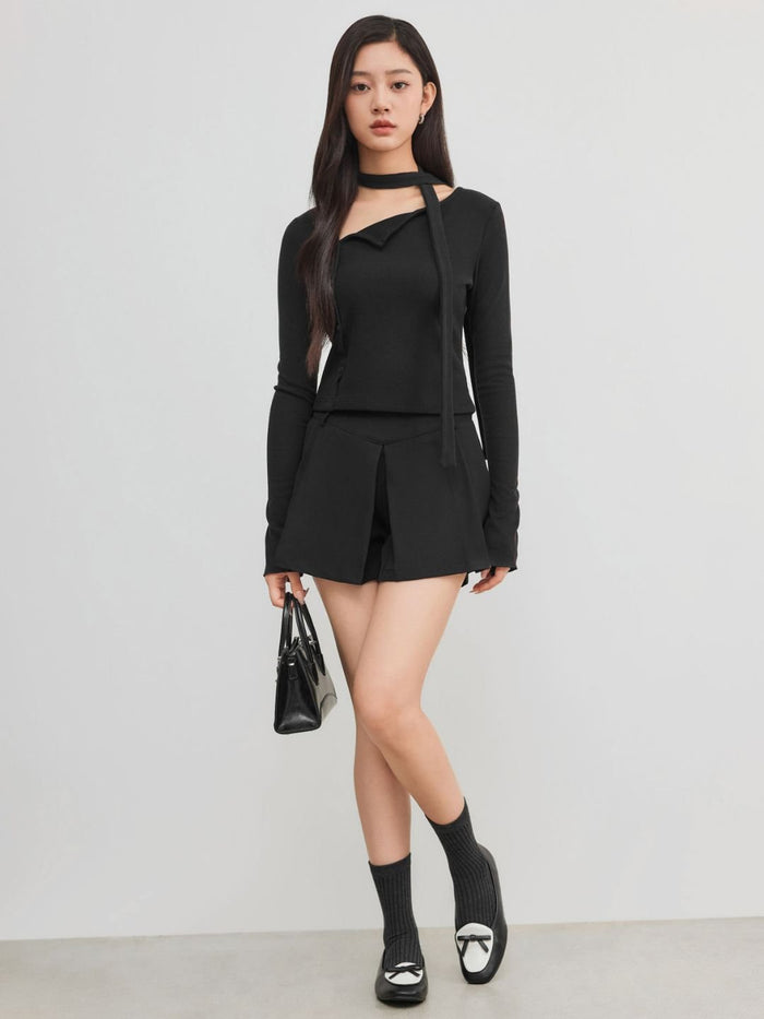 Asymmetrical Neck Solid Button Long Sleeve Top With Scarf