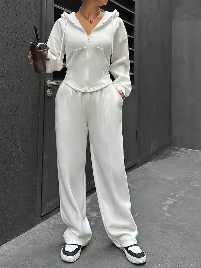 Set Of 2 - White Hooded Zipper Sweatshirt With Pants Set