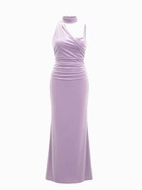 Velvet Halter Neckline Ruched Cami Maxi Dress With Scarf