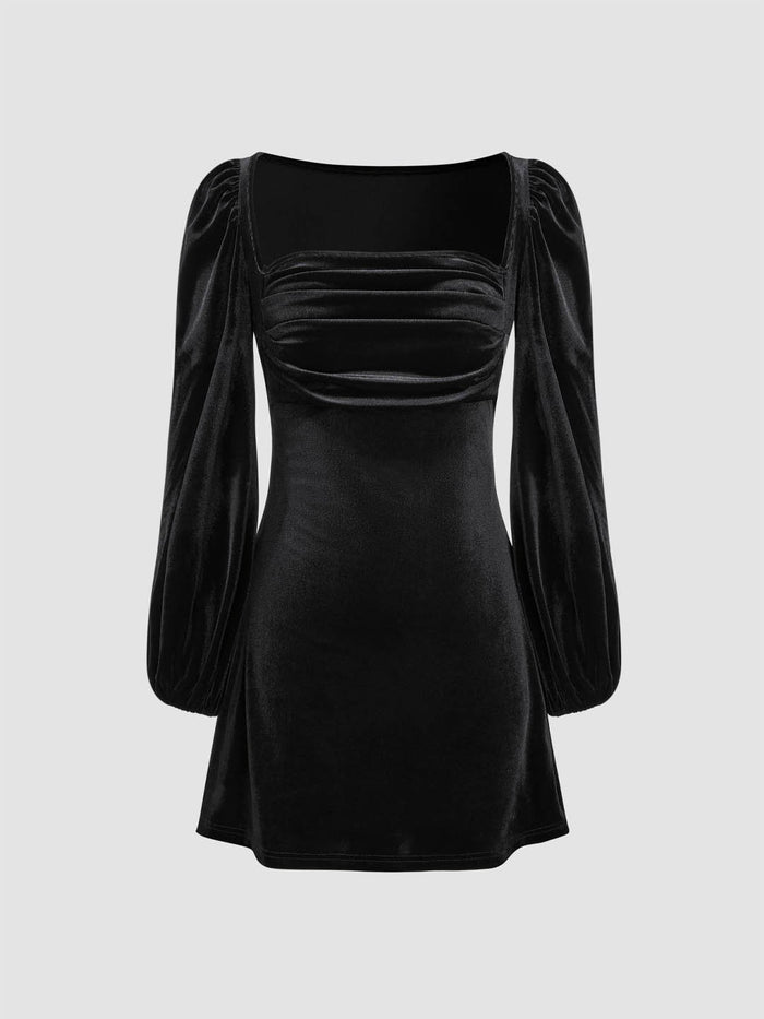 Velvet Square Neck Solid Ruched Mini Dress