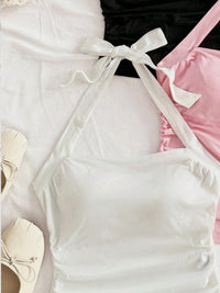Women's Tie Strap Crop Top – Ruched Sleeveless Camisole with Bow Shoulder Straps (Black, Pink & White)