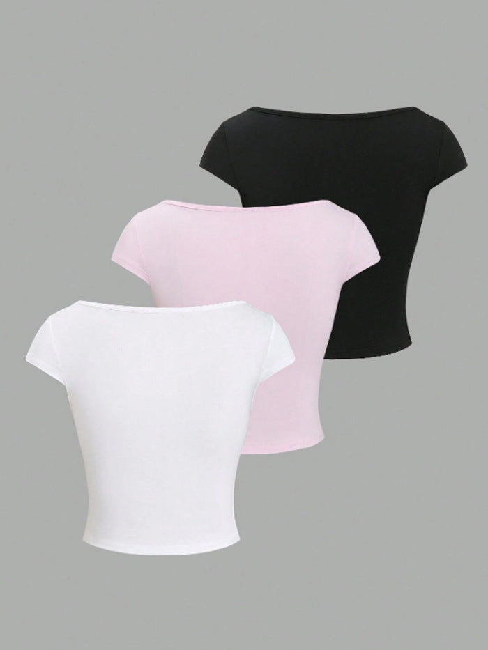 Women's V-Neck Ruched Front Crop Top – Short Sleeve Stretch Slim Fit Tee (Black, Pink & White)