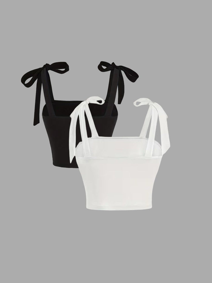 Women's Ruched Tie Strap Crop Top – Bow Shoulder Sleeveless Stretch Top (Black & White)