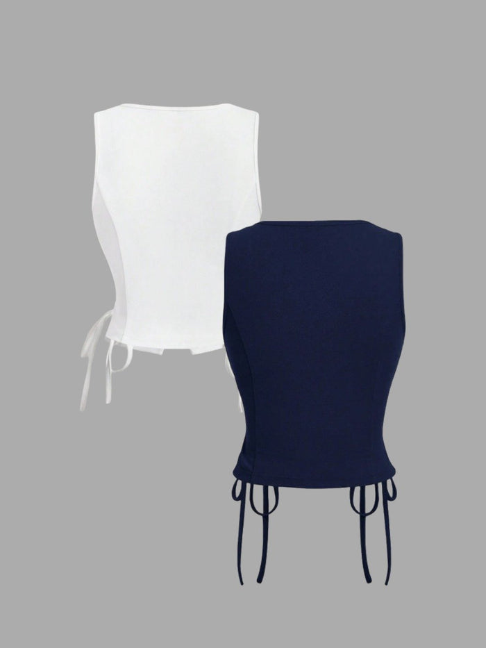 Women's V-Neck Button Front Corset Vest Top – Side Drawstring Waist Cincher (White & Navy)
