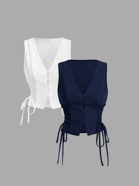 Women's V-Neck Button Front Corset Vest Top – Side Drawstring Waist Cincher (White & Navy)
