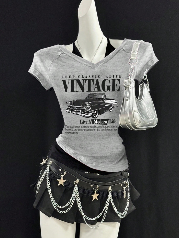Grey Vintage Car Graphic V-Neck T-Shirt for Women