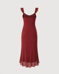 Romantic Burgundy Ruffle Tie-Front Midi Dress