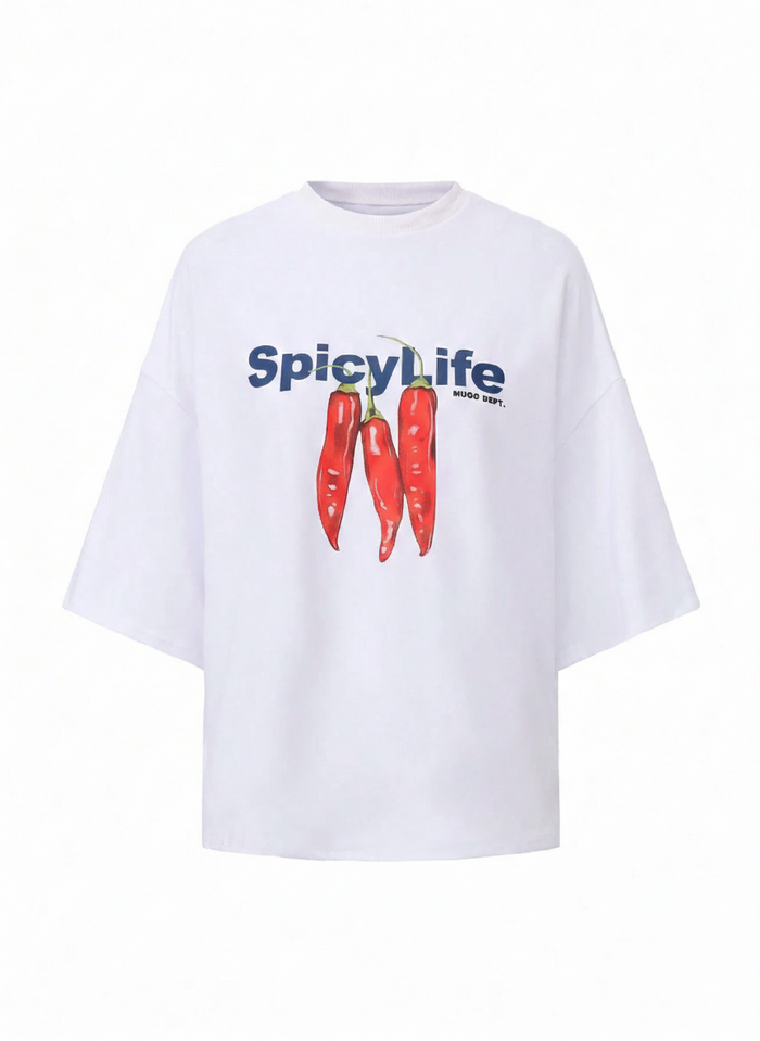 White "Spicy Life" Graphic Oversized T-Shirt for Women