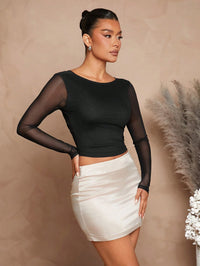 Black Sheer Sleeve Open Back Crop Top