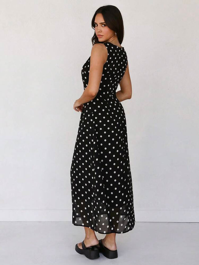 Women Black Polka Dot Sleeveless Straight Fit Maxi Dress