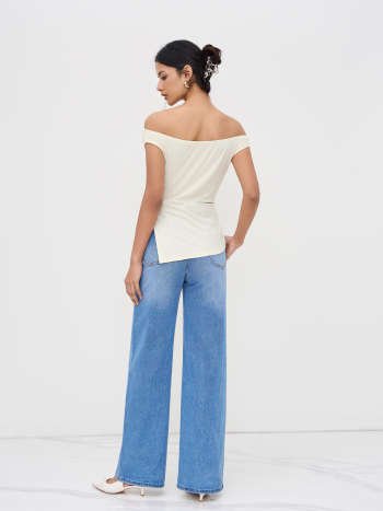 Women's Off-Shoulder Asymmetrical Ribbed Top - Elegant Cream Side-Tie Blouse