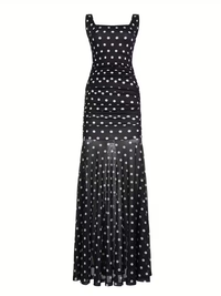 Ruched Polka Dot Square Neck Dress