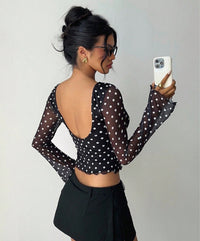 Vintage-Inspired Polka Dot Open-Back Mesh Crop Top