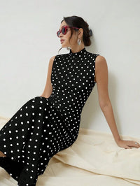 Women Black Polka Dot Sleeveless High Neck Maxi Dress