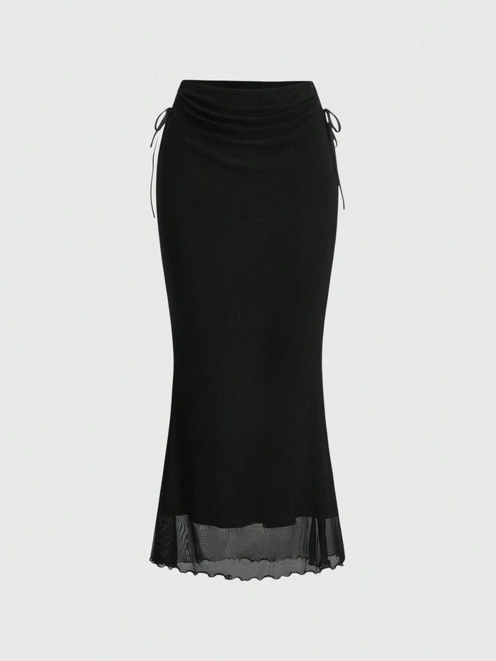 Black Ruched Waist Maxi Skirt with Sheer Hem