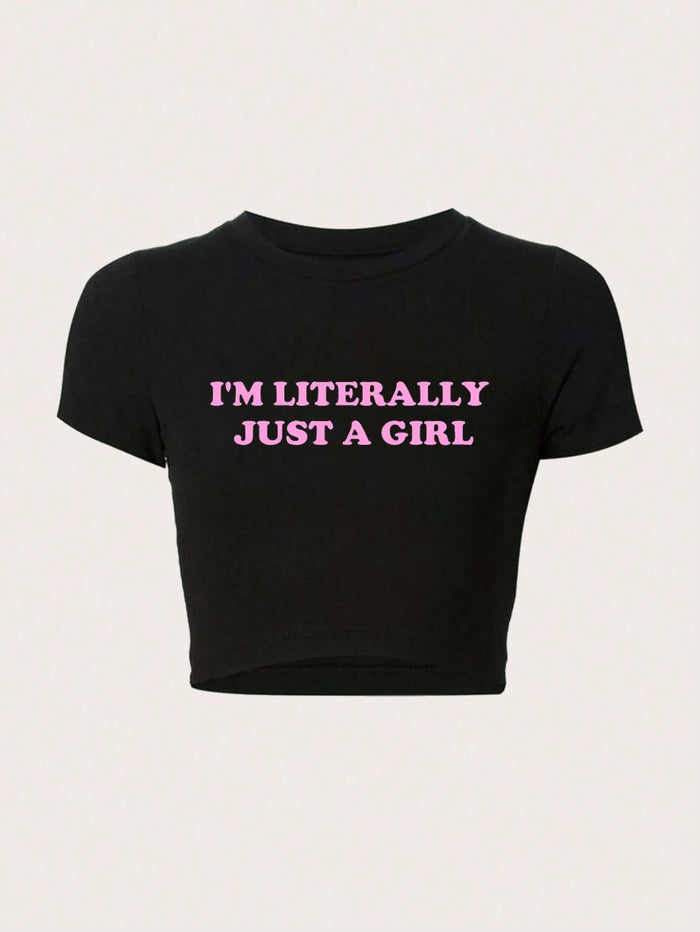 Black "I'm Literally Just a Girl" Printed Crop T-Shirt for Women