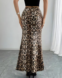 High Waist Leopard Print Sequin Maxi Skirt