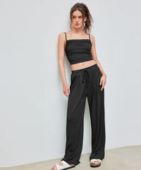 Set Of 2:Square Neck Ruched Top & Elastic Waist Trousers