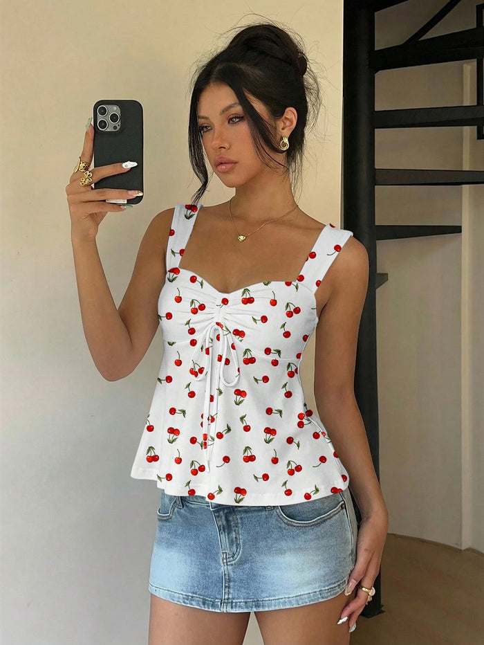 Women's White Cherry Print Ruched Peplum Top – Sweetheart Neck Summer Sleeveless Blouse