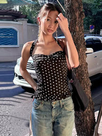 Black Polka Dot Halter Neck Bustier Peplum Top