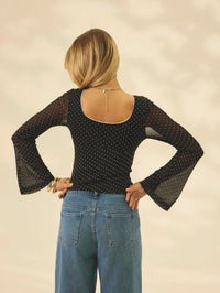 Women Black Polka Dot Square Neck Flared Sleeve Fitted Top
