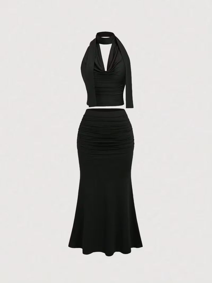 Women's Black Halter Neck Top & Ruched Mermaid Skirt Co-Ord Set