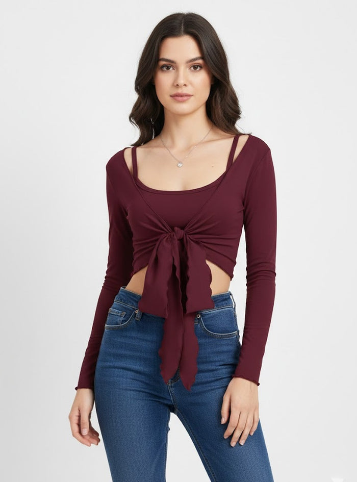Burgundy Tie-Front Long Sleeve Crop Top for Women