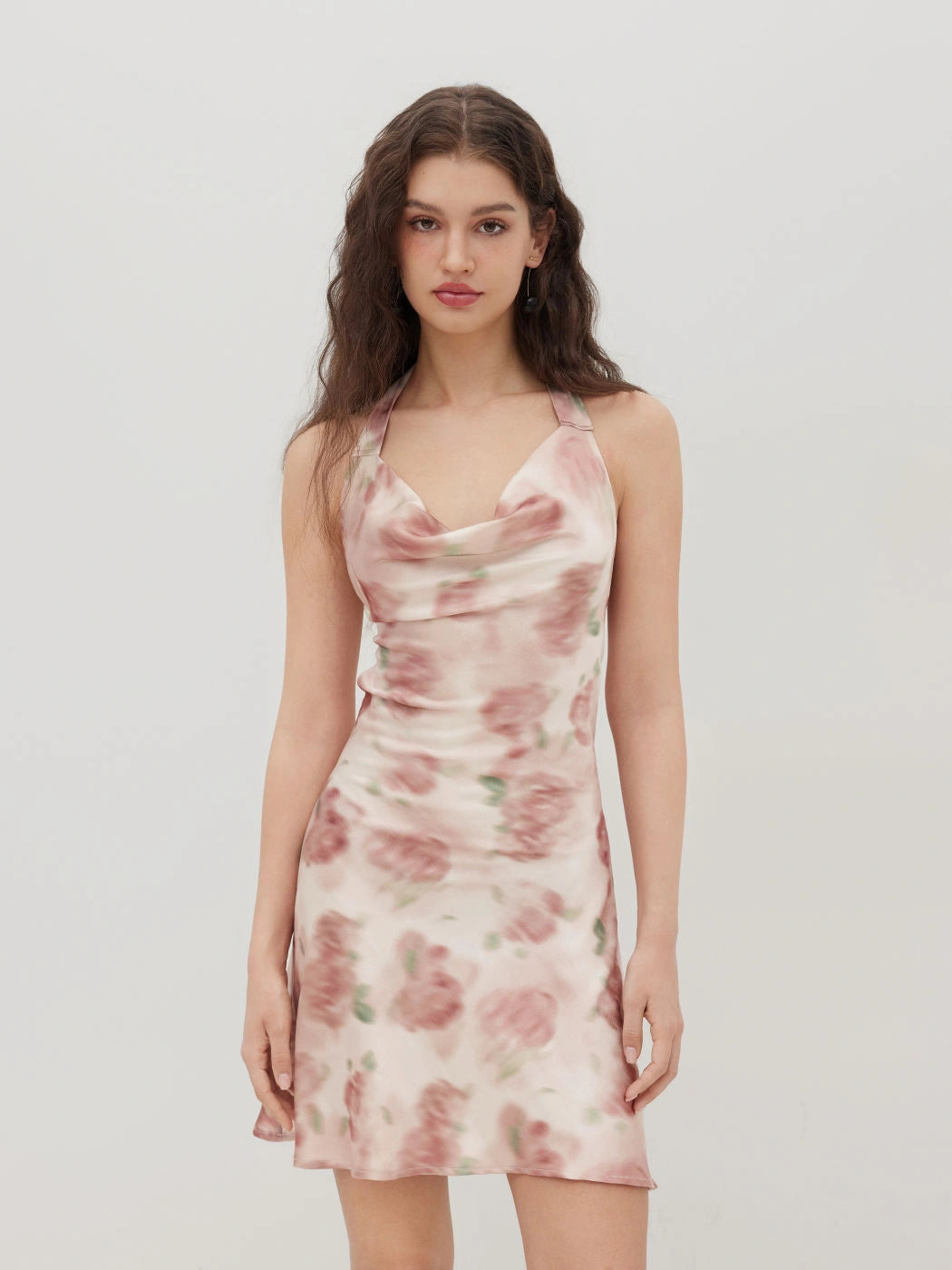 Blush Pink Floral Satin Halter Neck Mini Dress with Cowl Neck