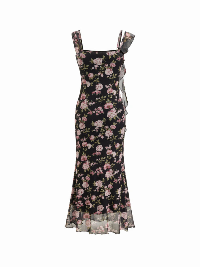 Black Floral Mesh Strap Bodycon Midi Dress with Ruffle Hem for Women