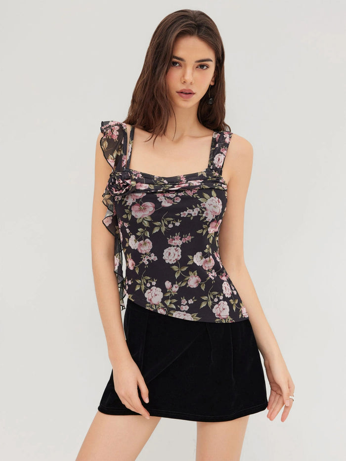 Black Floral Mesh Ruched Top with Straps and Ruffle Detail