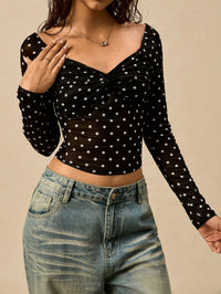 Women Black Polka Dot Twist Front Mesh Crop Top with Full Sleeves