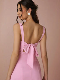 Pink Square-Neck Mini Dress with Bow-Tie Back Detail