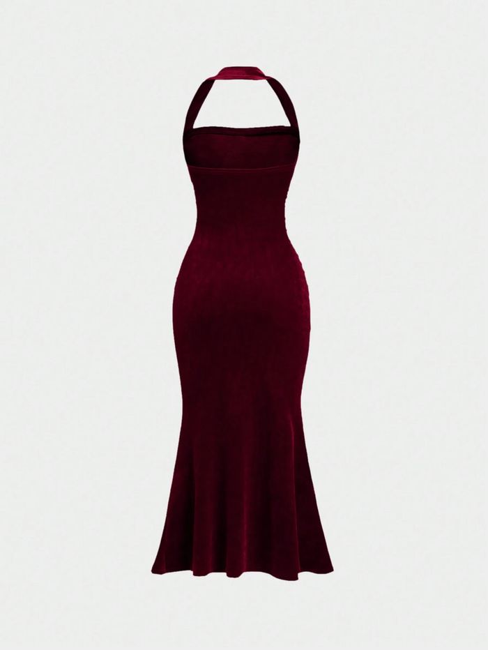 Burgundy Velvet Halter Neck Ruched Maxi Dress