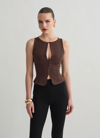 Chocolate Brown Sculpted Sleeveless Cut-Out Top