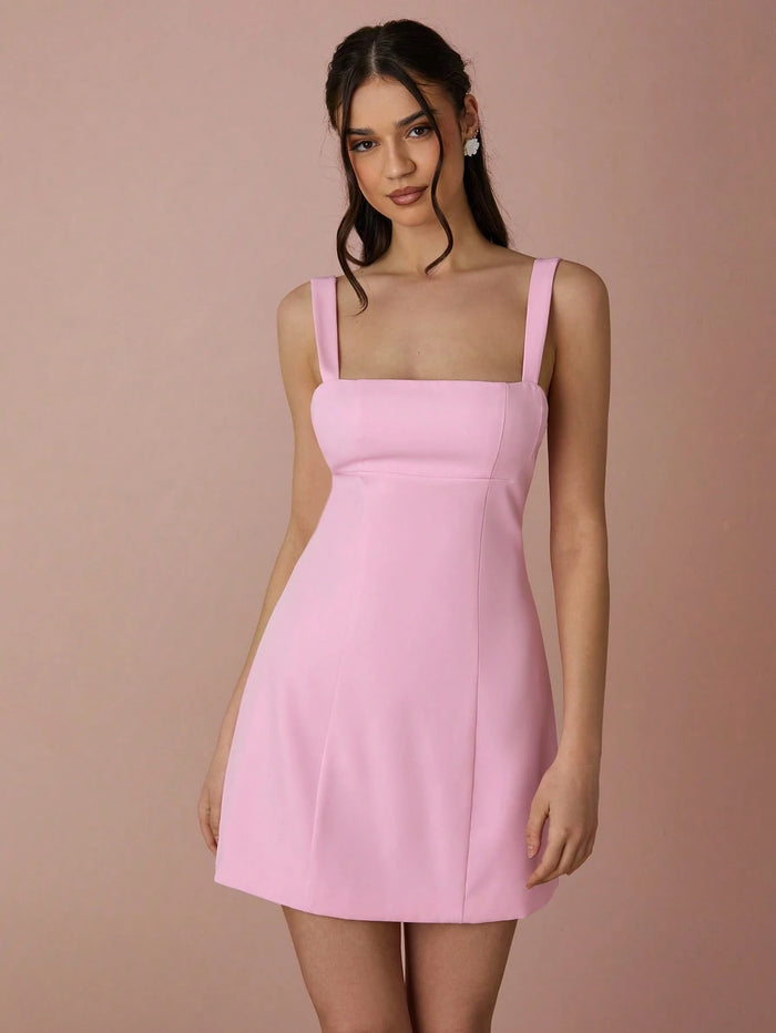 Pink Square-Neck Mini Dress with Bow-Tie Back Detail