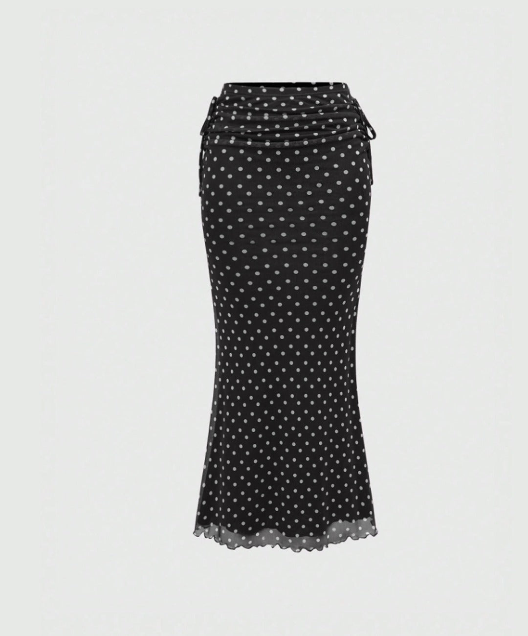 Polka Dot Mesh Maxi Skirt with Ruched Waistband