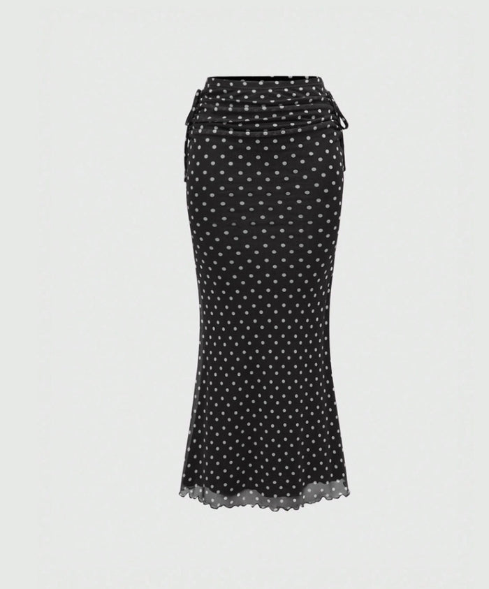 Polka Dot Mesh Maxi Skirt with Ruched Waistband