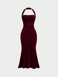 Burgundy Velvet Halter Neck Ruched Maxi Dress