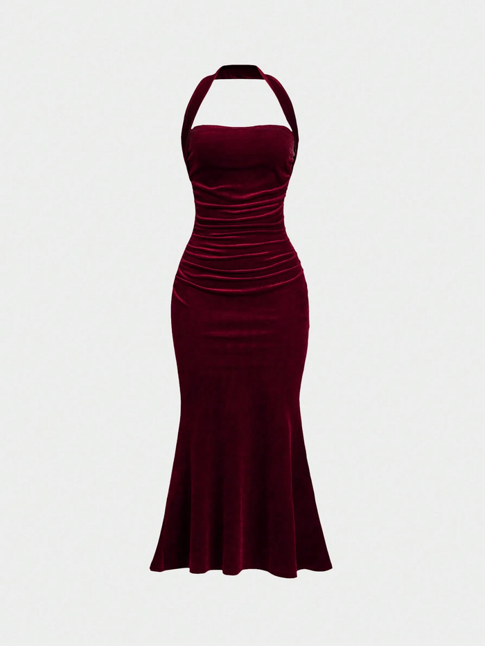 Burgundy Velvet Halter Neck Ruched Maxi Dress