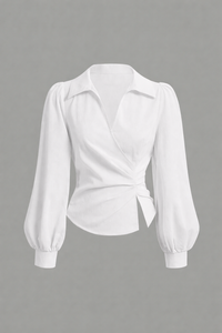 White Wrap-Style Tie Waist Blouse with Balloon Sleeves