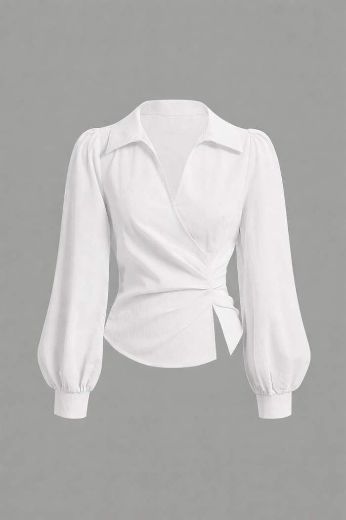 White Wrap-Style Tie Waist Blouse with Balloon Sleeves