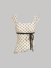 Women Beige Polka Dot Tie-Up Fitted Top with Square Neck & Cap Sleeves