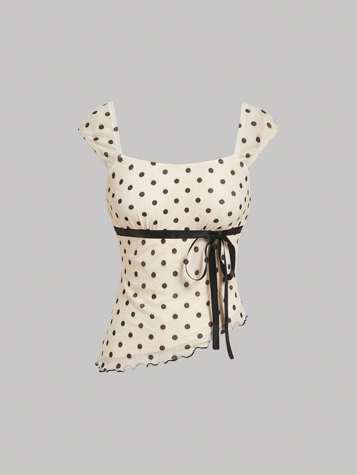 Women Beige Polka Dot Tie-Up Fitted Top with Square Neck & Cap Sleeves